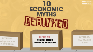 Cartoon box on a conveyer belt with the label "Global Trade Benefits Everyone"